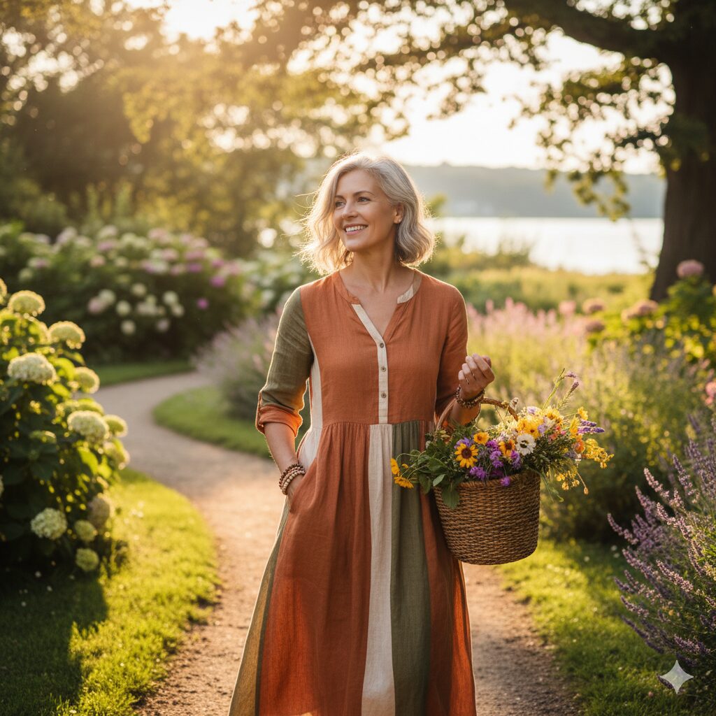 Photo of a vibrant, confident woman in her 50s walking outdoors